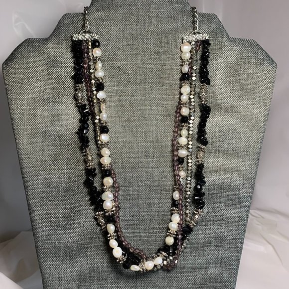 Four Strand Cultured Pearl/Black/Silvertone Necklace. 20" (315) - Picture 1 of 3